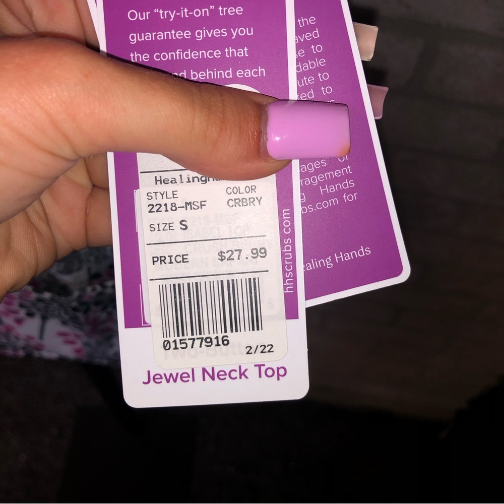 Healing Hands Purple Label Two Button Jewel Neck purple patterned scrub top - Picture 6 of 6